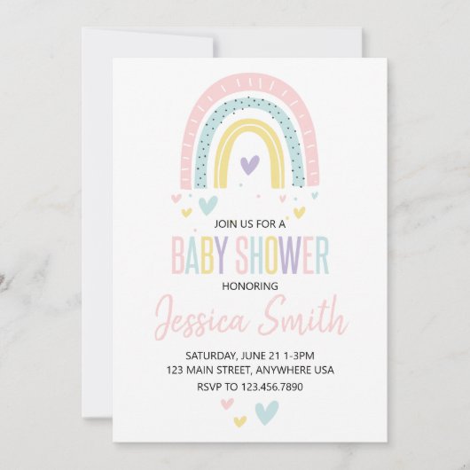 pastel regenboog en hartjes baby shower uitnodigin kaart (Voorkant)