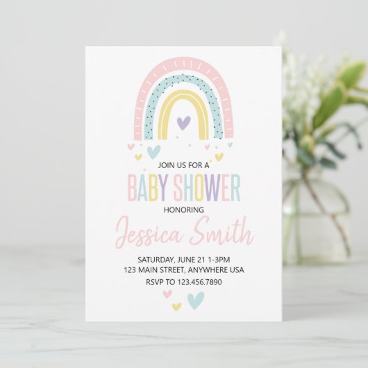 pastel regenboog en hartjes baby shower uitnodigin kaart (Staand voorkant)