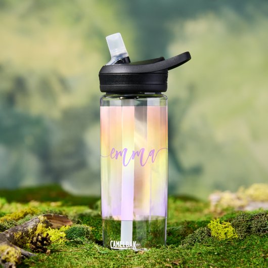 Pastel regenboog gepersonaliseerde scriptnaam waterfles (Buiten)