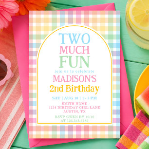 Pastel Regenboog Gingham Teveel Plezier 2e Verjaar Kaart
