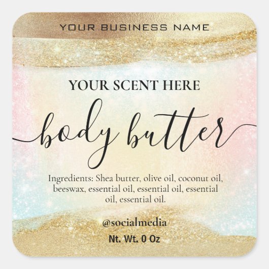 Pastel Regenboog Glitter Goud Body Butter Vierkante Sticker (Voorkant)