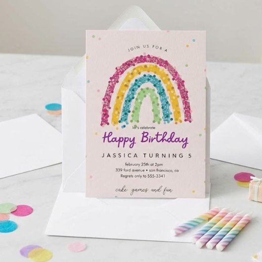 Pastel Regenboog Glitter Kinderverjaardagsfeestje Kaart