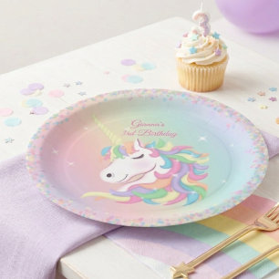 Pastel Regenboog Glitter Magische Eenhoorn Verjaar Papieren Bordje