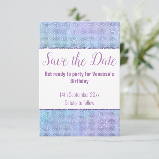 PASTEL REGENBOOG GLITTER SAVE THE DATE RSVP KAART (Staand voorkant)