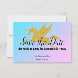 PASTEL REGENBOOG GOUD EENHOORN SAVE THE DATE RSVP KAARTJE