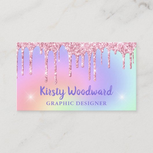 Pastel Regenboog Gradiënt & Roze Druppelende Glitt Visitekaartje (Voorkant)