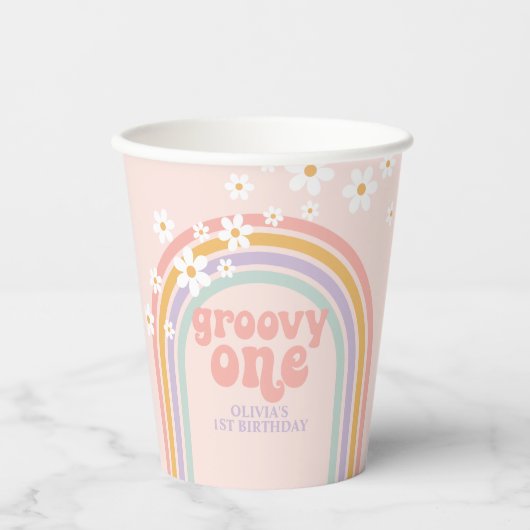 Pastel regenboog groovy een 1e verjaardag papieren bekers (Voorkant)