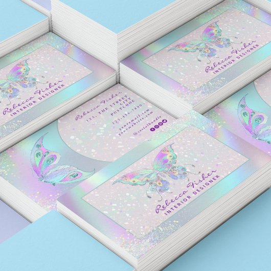 Pastel Regenboog Holografische Vlinder Visitekaart Visitekaartje