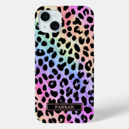 Pastel Regenboog Luipaardprint Monogram iPhone 15 Mini Hoesje