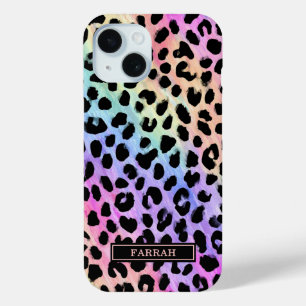 Pastel Regenboog Luipaardprint Monogram iPhone 15 Case