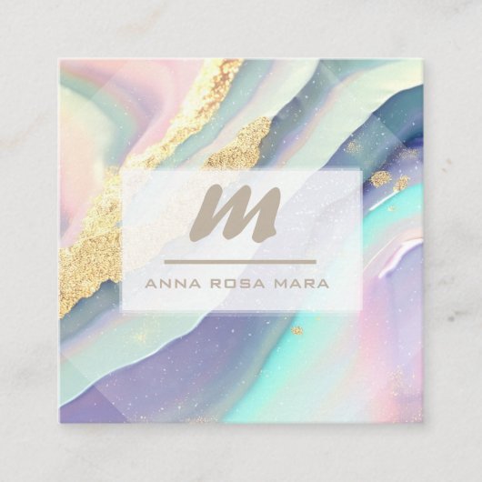 *~* PASTEL Regenboog Marmer QR Luxe Initiaal AP66 Vierkante Visitekaartje (Voorkant)