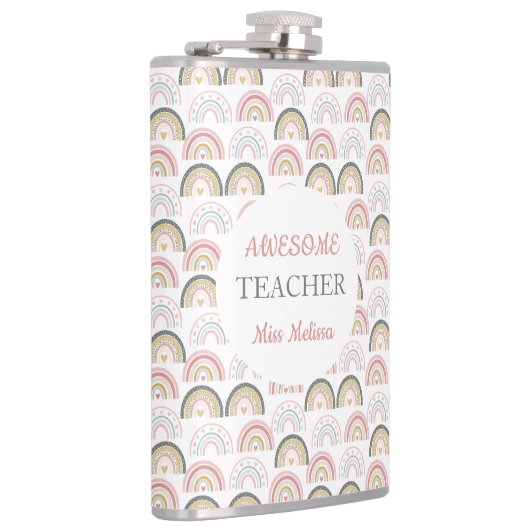 Pastel Regenboog Met Hartpatroon Geweldige Leraar Heupfles (Rechts)