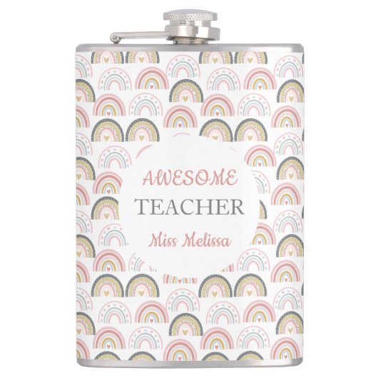 Pastel Regenboog Met Hartpatroon Geweldige Leraar Heupfles (Voorkant)