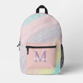 Pastel Regenboog Nep Glitter Monogram en Naam Meis Bedrukte Rugzak