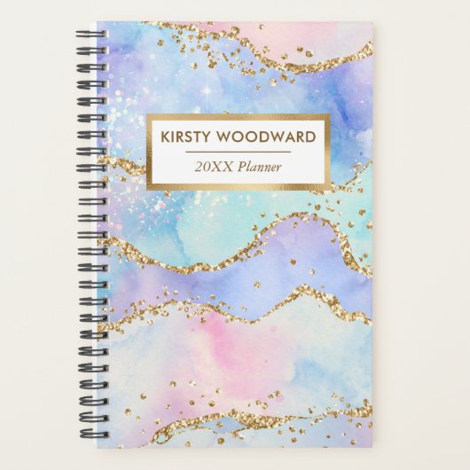 Pastel Regenboog Nep Sequins Goud Glitter Agate Planner (Voorkant)