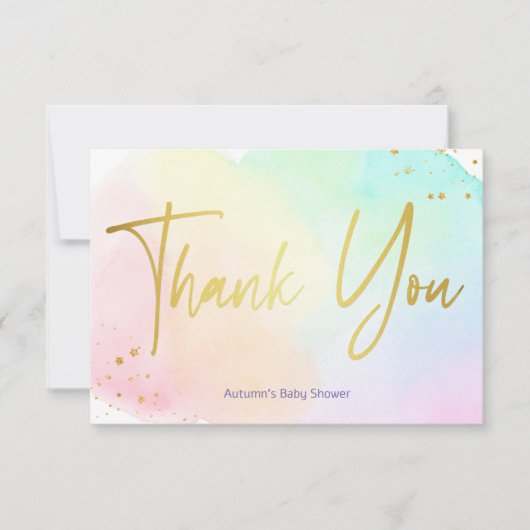 Pastel regenboog ombre gouden glitter baby shower bedankkaart (Voorkant)