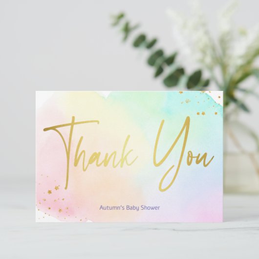 Pastel regenboog ombre gouden glitter baby shower bedankkaart (Staand voorkant)