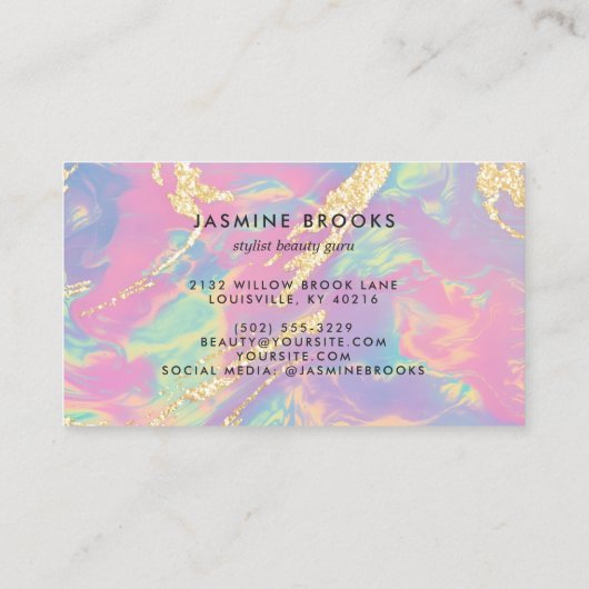 Pastel regenboog opaal en goud glitter visitekaartje (Achterkant)