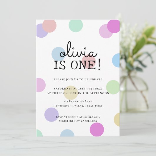 Pastel Regenboog Polka Dots 1e Verjaardag Kaart (Staand voorkant)