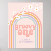 Pastel Regenboog Retro Groovy Een 1E Verjaardag Poster (Voorkant)