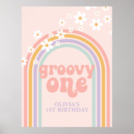Pastel Regenboog Retro Groovy Een 1E Verjaardag Poster