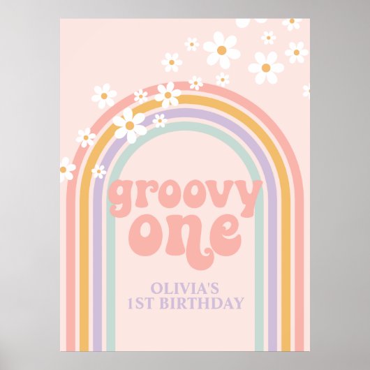 Pastel Regenboog Retro Groovy Een 1E Verjaardag Poster (Voorkant)