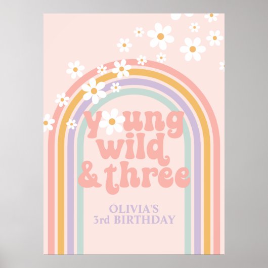 Pastel Regenboog Retro Jong Wild Drie 3de Verjaard Poster (Voorkant)