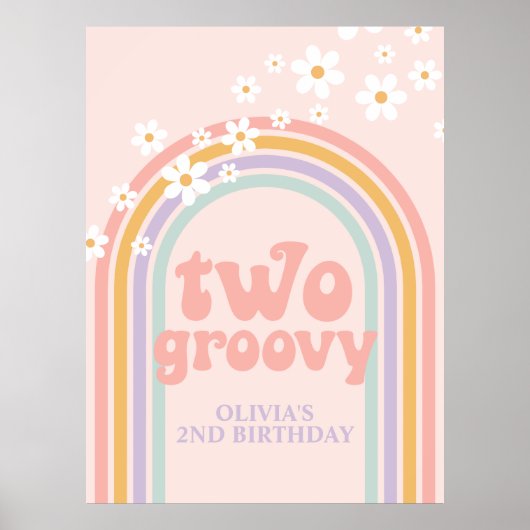 Pastel Regenboog Retro Twee Groovy 2e Verjaardag Poster (Voorkant)