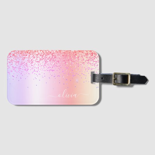 Pastel Regenboog Roze Goud Paars Glitter Monogram Bagagelabel (Voorkant (horizontaal))