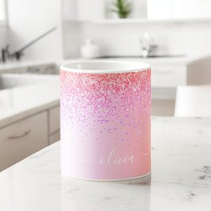Pastel Regenboog Roze Goud Paars Glitter Monogram Koffiemok