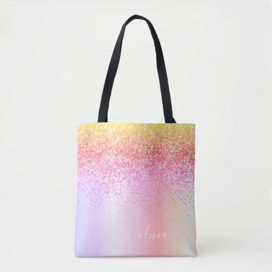 Pastel Regenboog Roze Goud Paars Glitter Monogram Tote Bag (Voorkant)