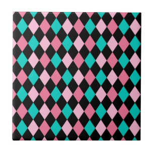 Pastel Regenboog Ruiten Zwart Roze Blauw Harlekijn Tegeltje