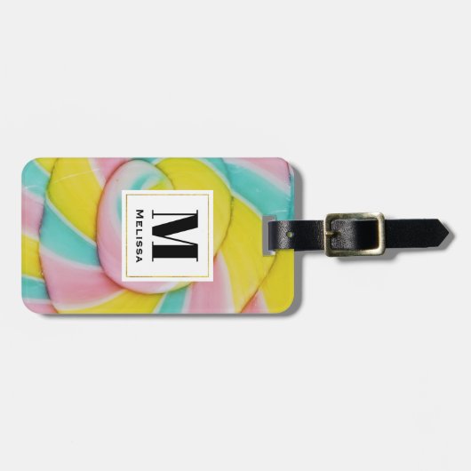 Pastel regenboog spiraal Snoep foto Monogram Bagagelabel (Voorkant horizontaal)