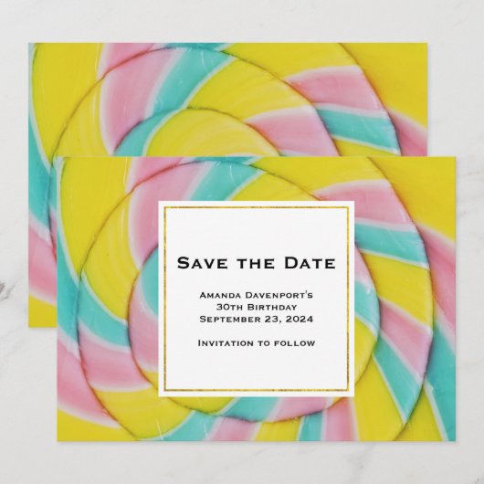 Pastel regenboog spiraal Snoep Save The Date (Voorkant / Achterkant)