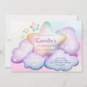 Pastel regenboog ster & wolken verjaardag Uitnodig Kaart