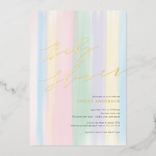 Pastel Regenboog Strepen Baby Shower Folie Uitnodi Uitnodiging (Voorkant)
