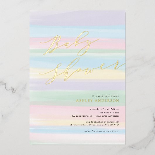 Pastel Regenboog Strepen Baby Shower Folie Uitnodi Uitnodiging (Voorkant)
