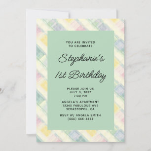 Pastel Regenboog Strepen Linnen Gingham 1e Verjaar Kaart