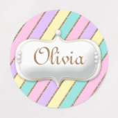 Pastel Regenboog Stripes Eenhoorn Verjaardag Labels (Design 2)