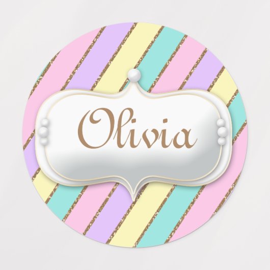 Pastel Regenboog Stripes Eenhoorn Verjaardag Labels (Design 1)