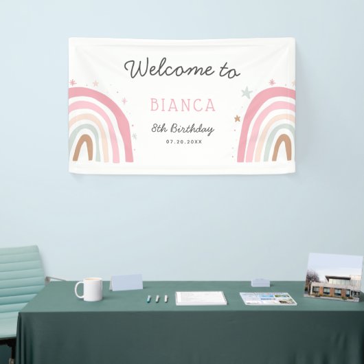 Pastel Regenboog Verjaardagsfeestje Welkom Spandoek (Beurs)