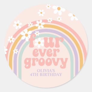 Pastel regenboog vier keer groovy 4de verjaardag ronde sticker