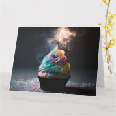 Pastel Regenboog Vuur Verjaardags Cupcake Kaart (Gele Bloem)