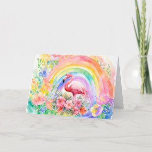 Pastel Regenboog Waterverf Floral Flamingo Kaart