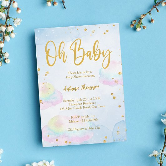 Pastel regenboog wolken glitter goud baby shower kaart