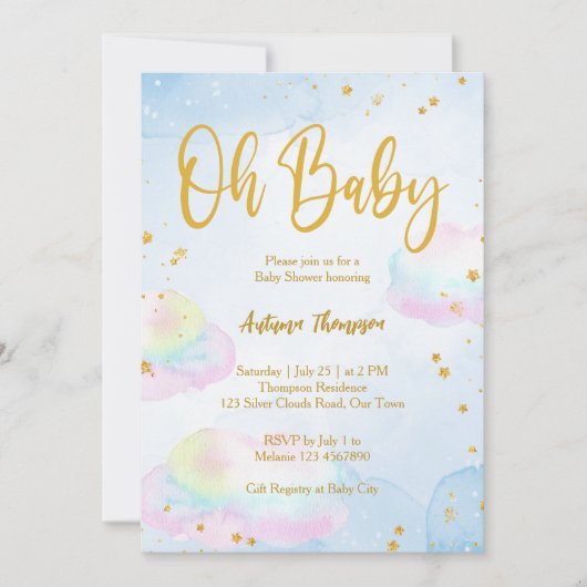 Pastel regenboog wolken glitter goud baby shower kaart (Voorkant)