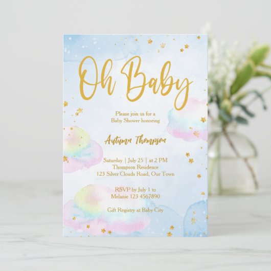 Pastel regenboog wolken glitter goud baby shower kaart (Staand voorkant)
