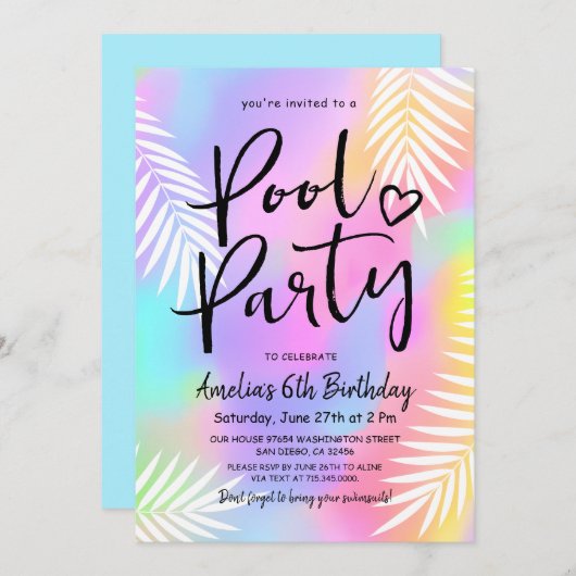 Pastel Regenboog Zwembad Verjaardagsfeest Kaart (Voorkant / Achterkant)