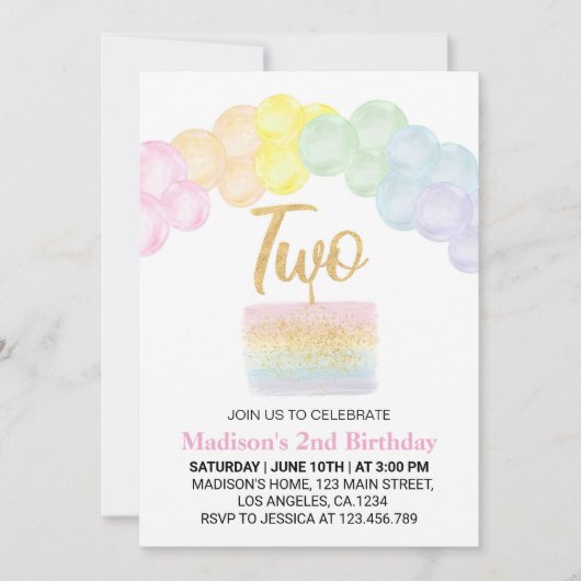Pastel Regenboogballon 2e verjaardag uitnodiging (Voorkant)