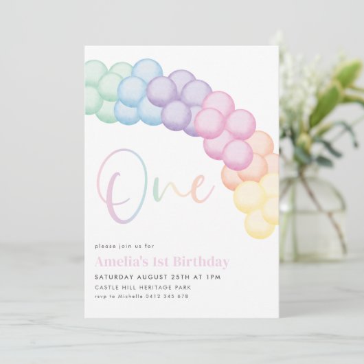 Pastel regenboogballon Garland 1e verjaardag Kaart (Staand voorkant)